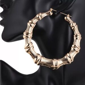 Gold Plated Bamboo Hoop Earrings Warning Heavy Pair
